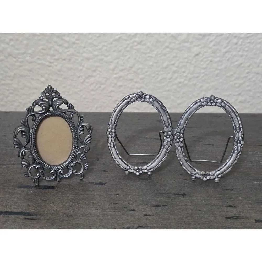 Vintage Silver Miniature Ornate Metal Picture Frame Set Single & Double Oval